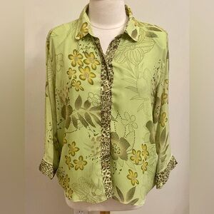 Keneth Too! Lime Green Floral Animal Print SZ L Chiffon Y2K Boho Chic 90s Top